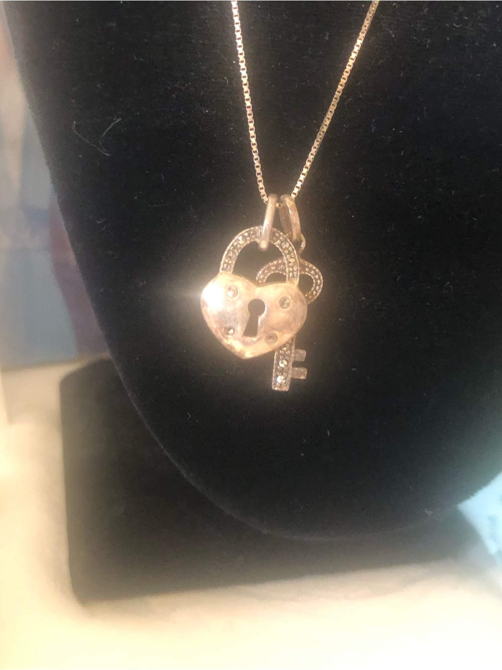 Estate 925 Heart Lock & Key Pendant Necklace  - Marcasite